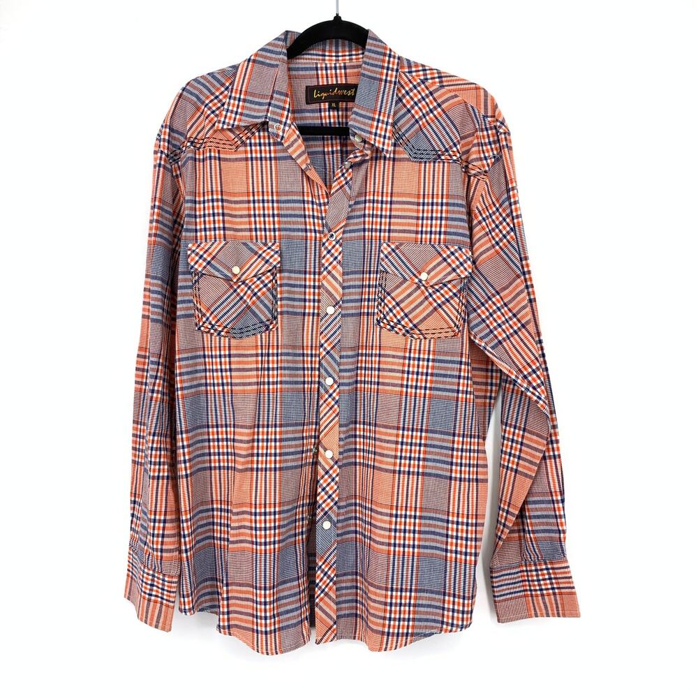 Liquidwest Button Front Long Sleeve Shirt Mens Size XL Orange Blue Plaid